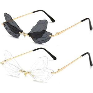 🆕Women Black Dragonfly Wing Shape Frameless Irregular Shades Party Sun Glasses